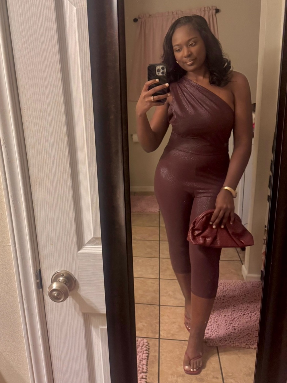 Fashion Nova One-Shoulder Burgundy Jumpsuit